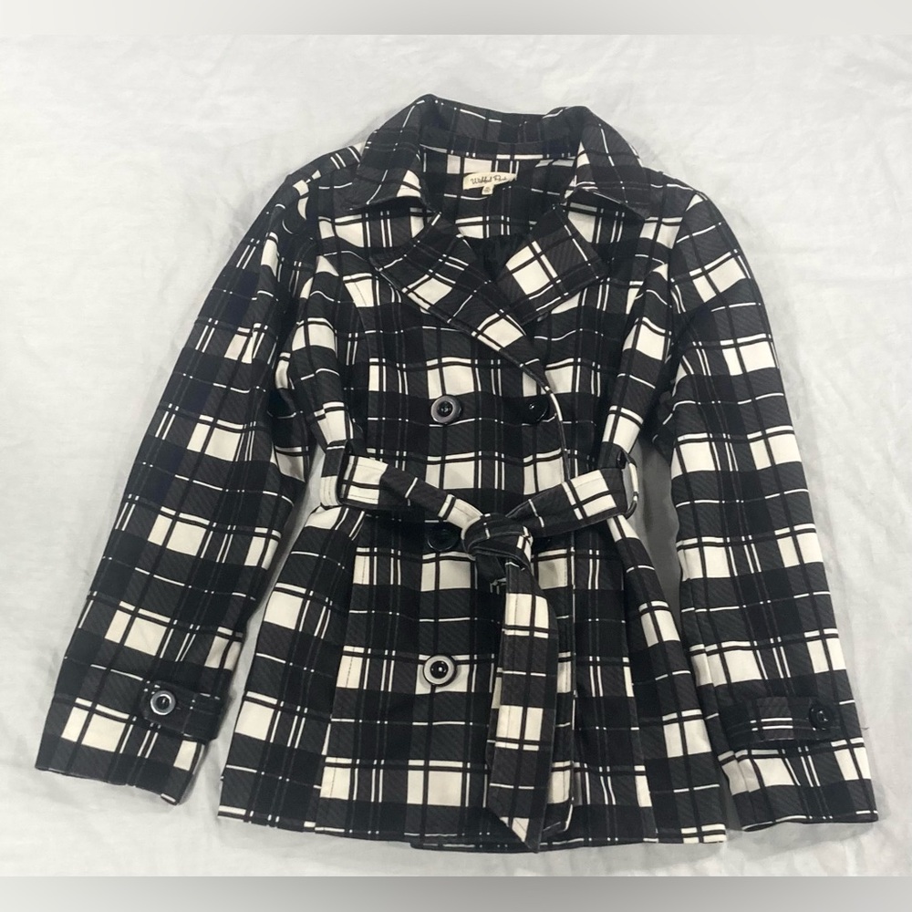 Wishful Park Black and White Plaid Trench Coat